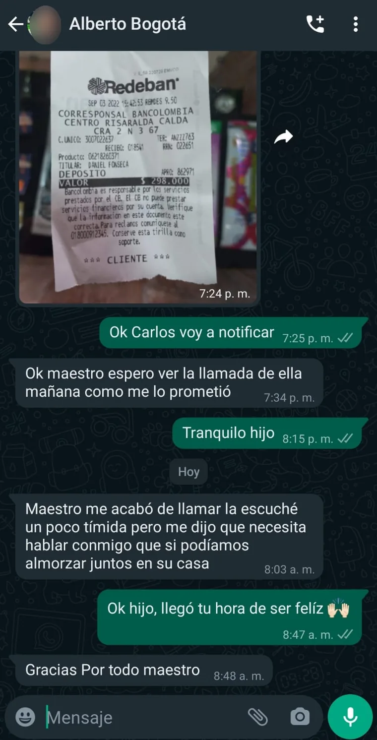 Captura de WhatsApp de un cliente de Bogotá compartiendo el avance de su proceso